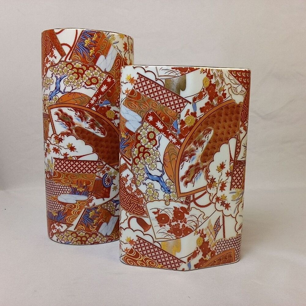 2 Antique Kutani Japanese Vases Meiji Period Signed Base Red Blue Gold Trim